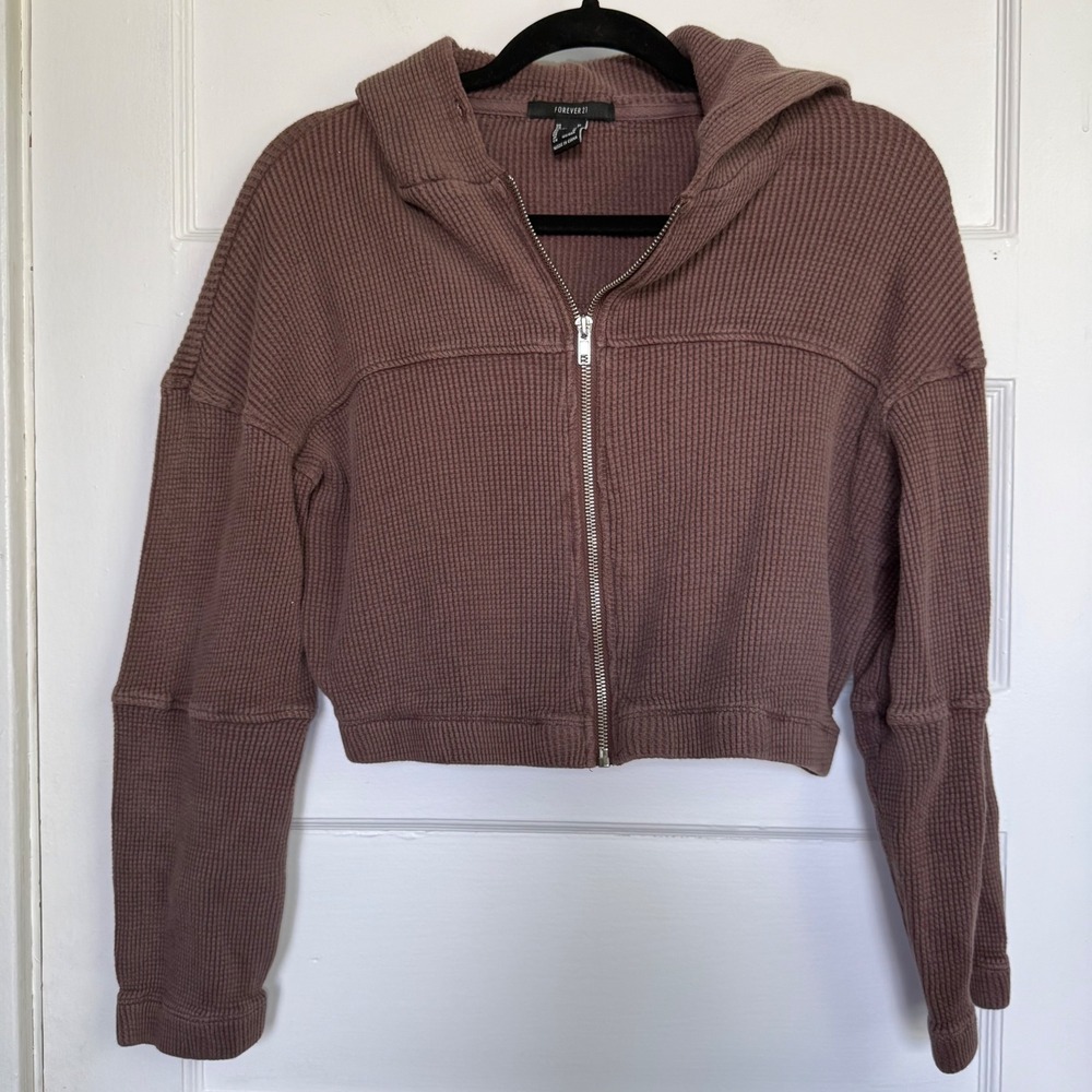Forever 21 Brown Waffle Knit Cropped Hoodie Zip Up Cotton Sweatshirt Medium